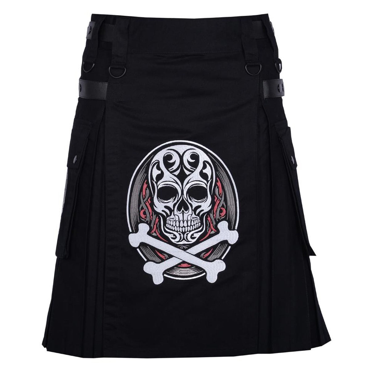Black Cotton Skull and Bones Gothic Kilt with Leather Straps