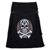 Black Cotton Skull and Bones Gothic Kilt with Leather Straps