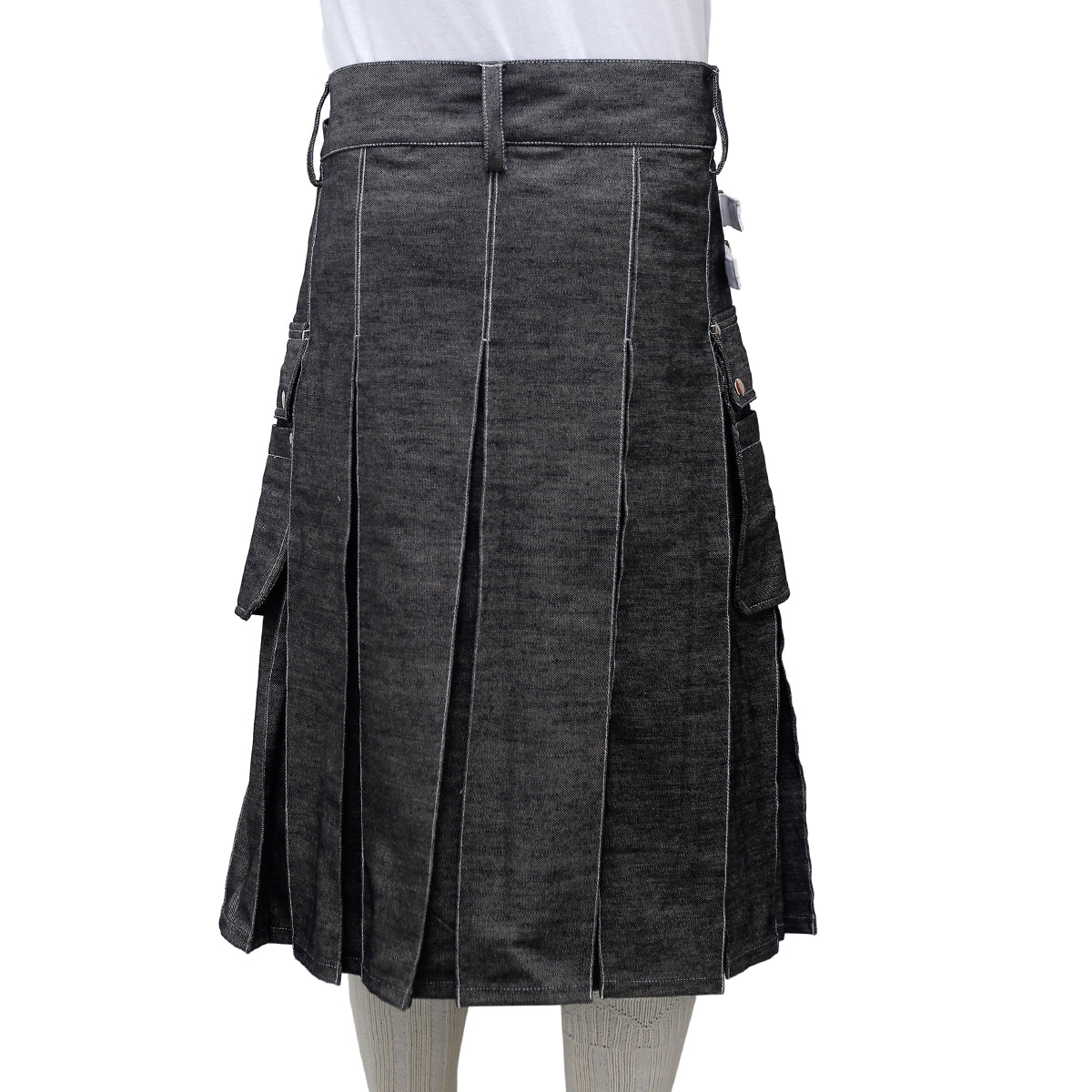 Black Denim Utility Kilt For Men Back