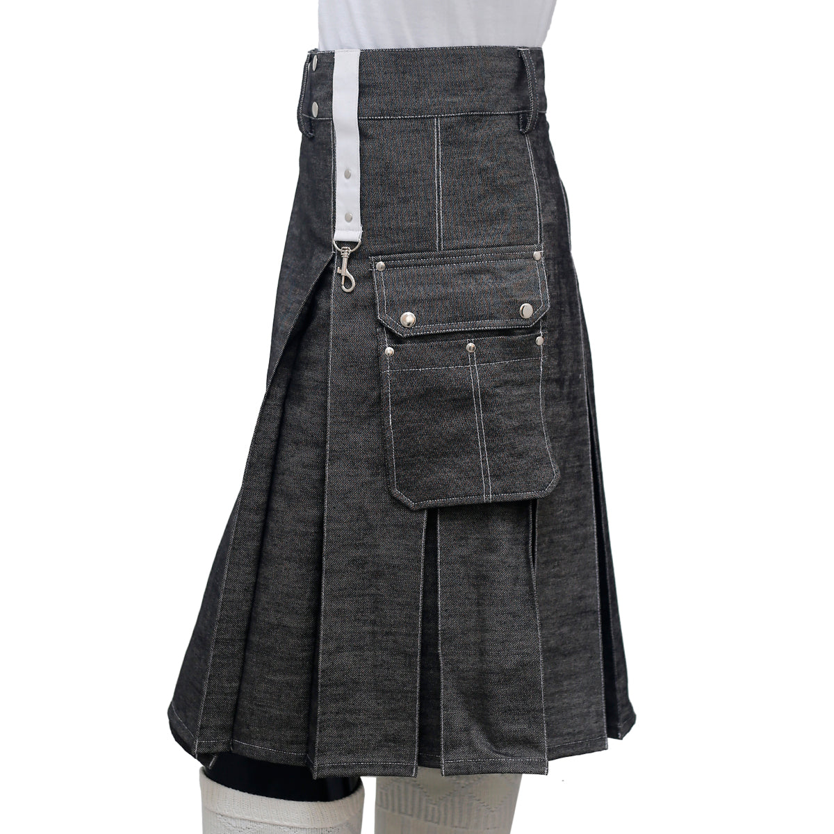 Black Denim Utility Kilt For Men Left