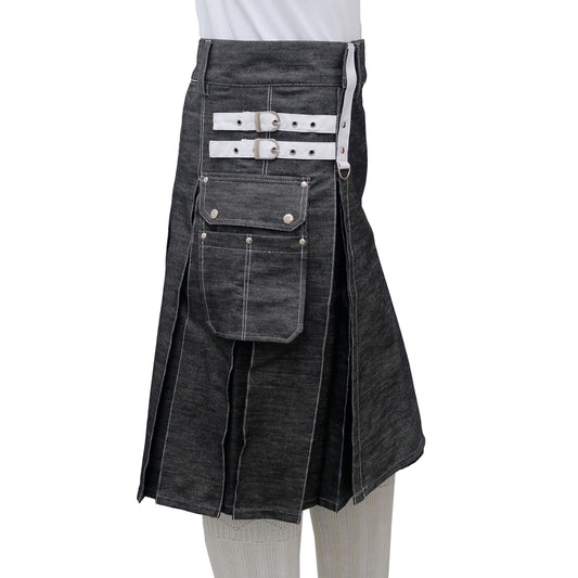 Black Denim Utility Kilt For Men Right Spec