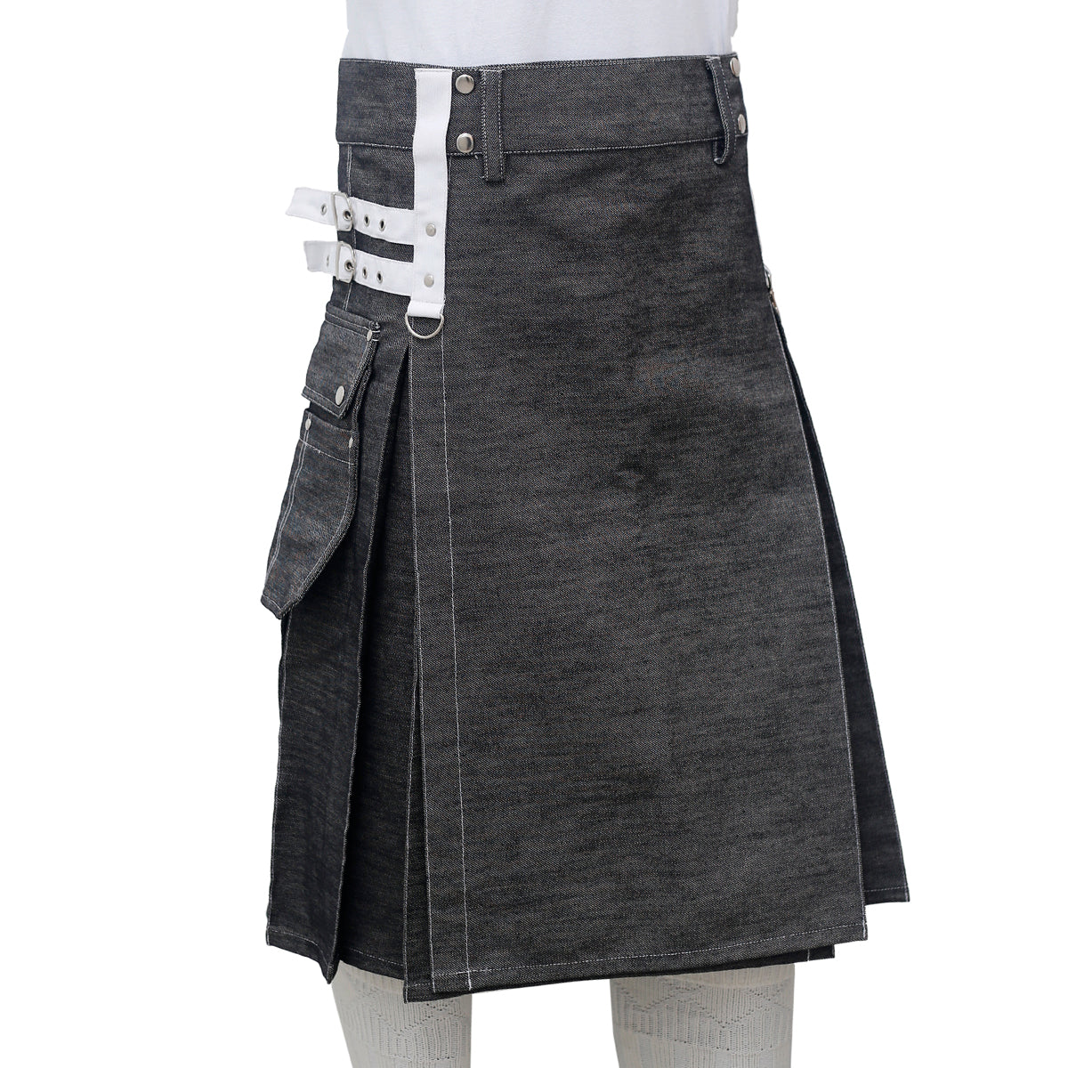 Black Denim Utility Kilt For Men Right
