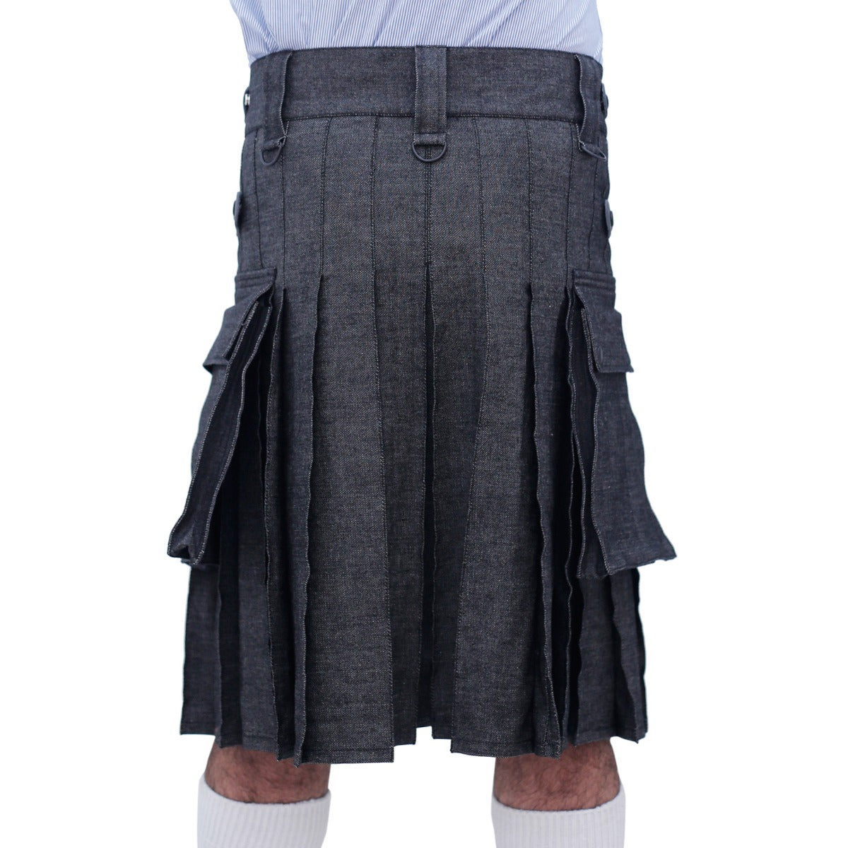 Black Denim Utility Kilt with Leather Straps Back