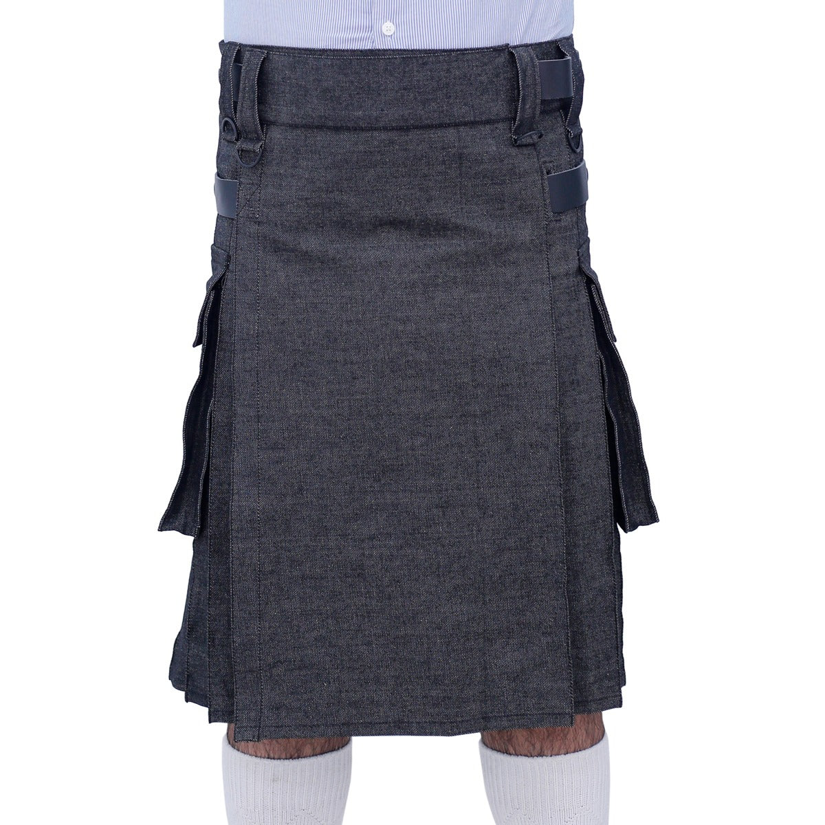 Black Denim Utility Kilt with Leather Straps Front
