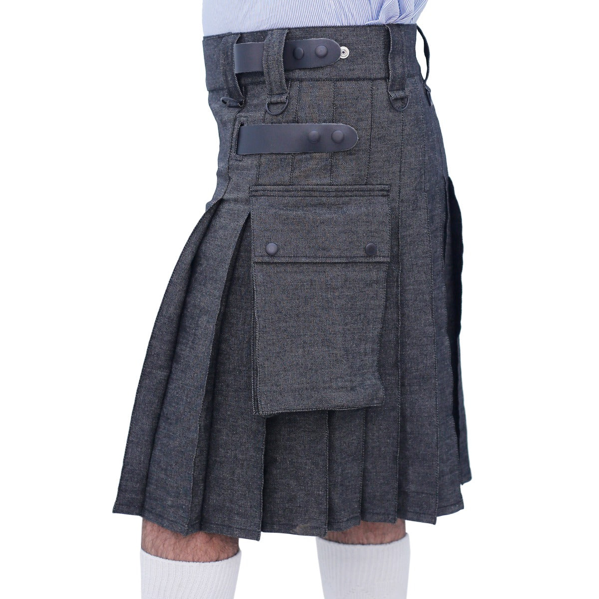 Black Denim Utility Kilt with Leather Straps Left