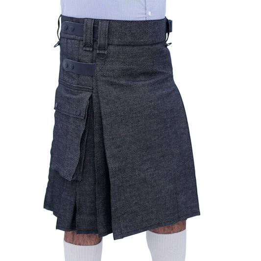 Black Denim Utility Kilt with Leather Straps Right