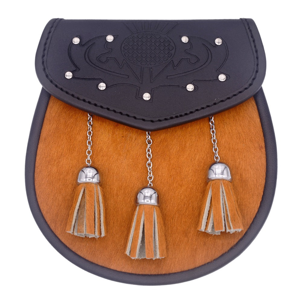 Black Leather Kilt Sporran with Orange Fur Flap Tassels