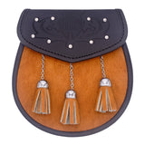 Black Leather Kilt Sporran with Orange Fur Flap Tassels