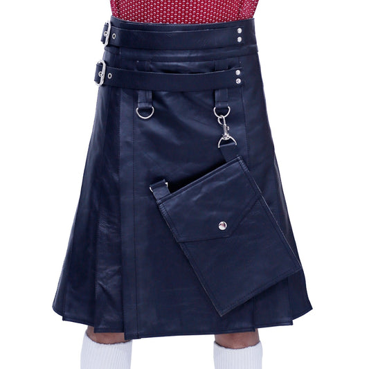 Black Leather Kilt with Detachable Front Pocket for Men Front Spec