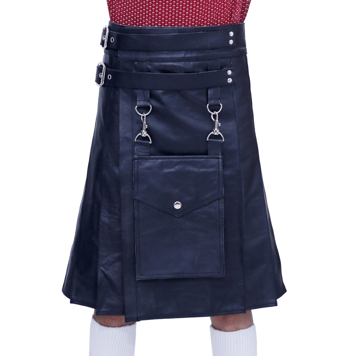 Black Leather Kilt with Detachable Front Pocket for Men Front