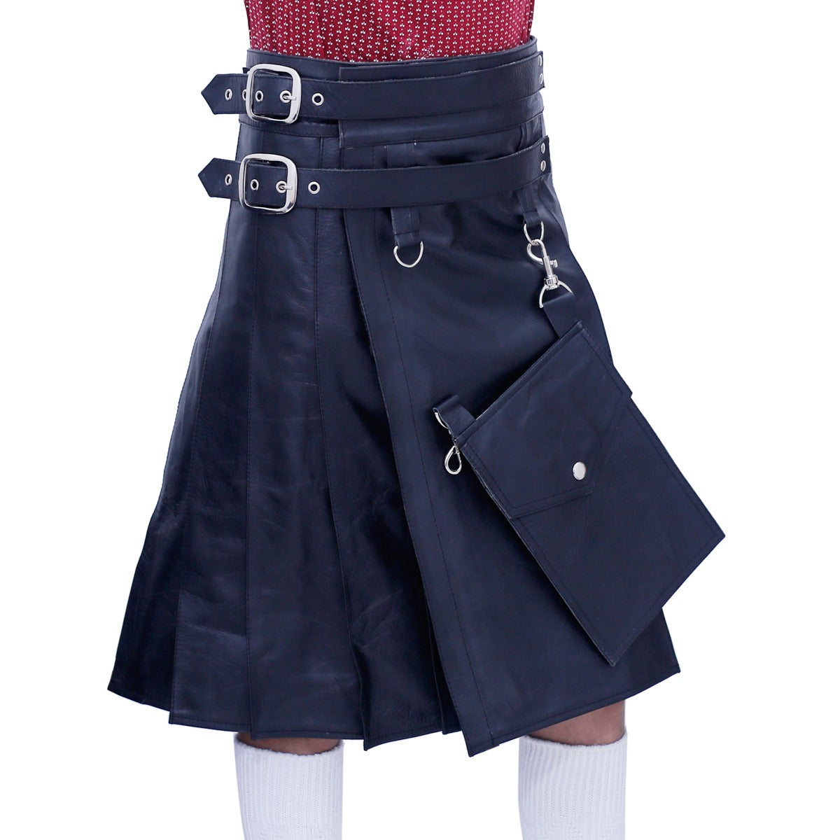 Black Leather Kilt with Detachable Front Pocket for Men Right