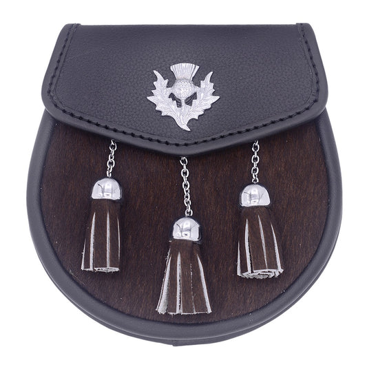 Black Leather Sporran with Thistle Badge
