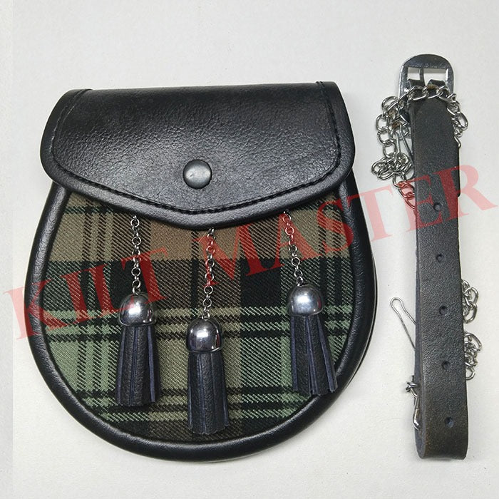 Black Watch Weathered Tartan Leather Sporran with Chain