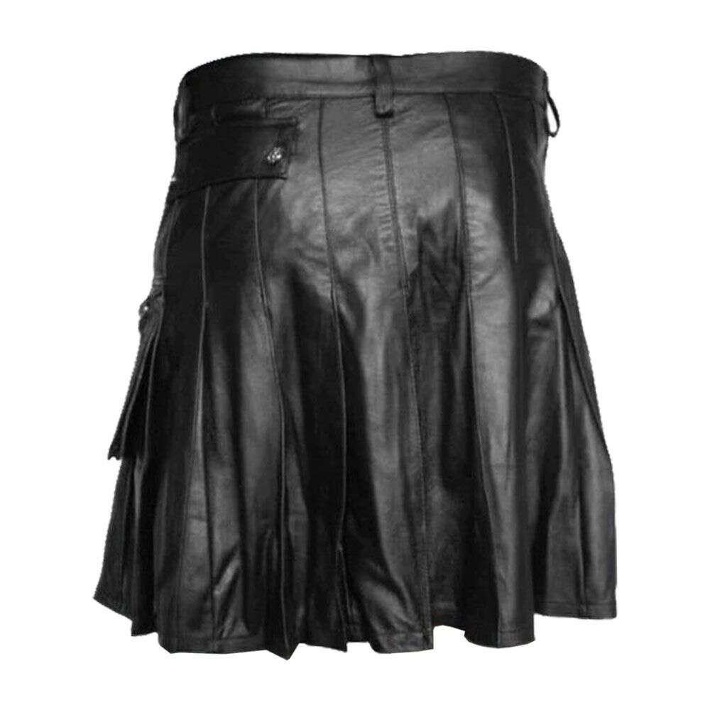 Black Ample Pleated Leather Kilt