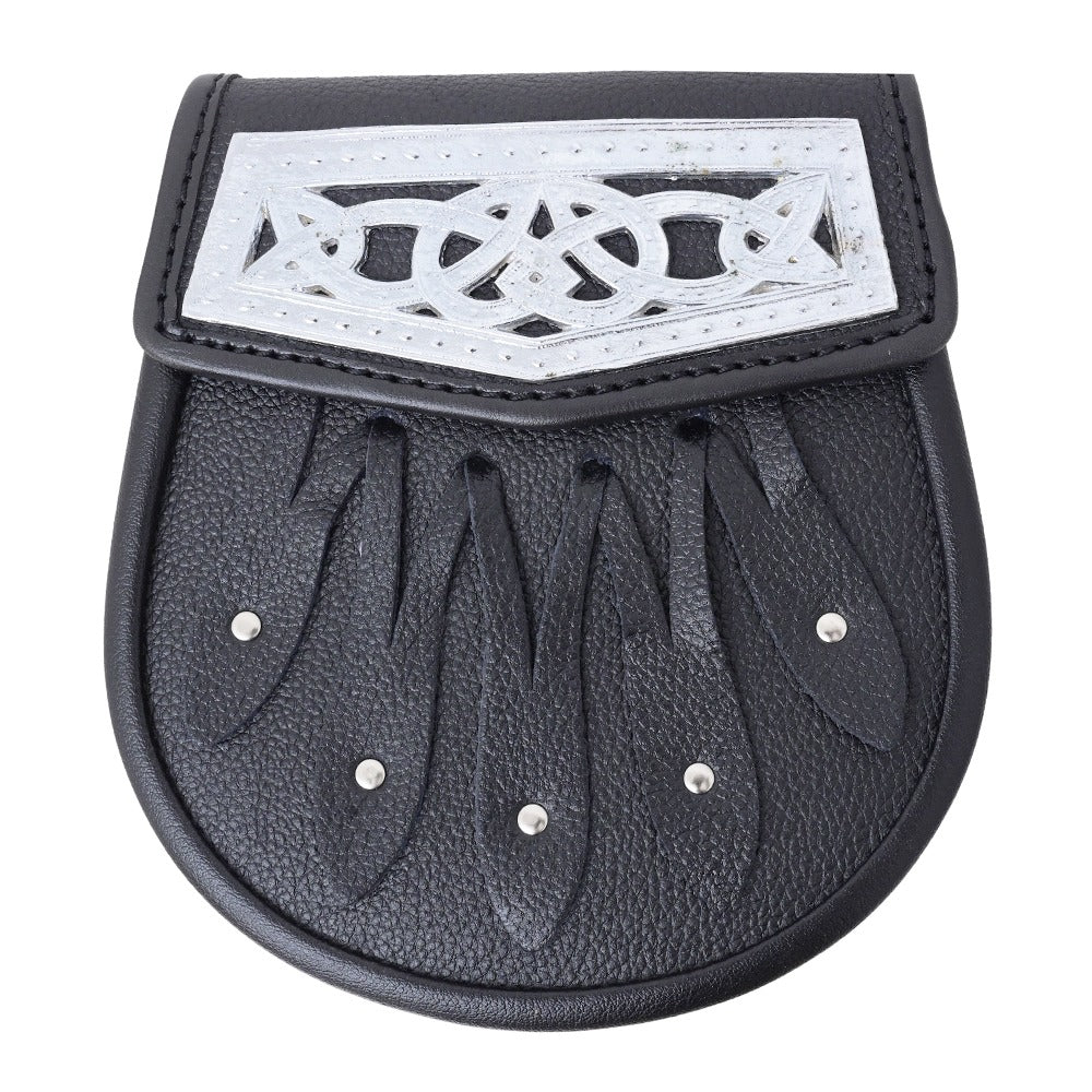 Celtic Chrome Black Leather Sporran with studs Front