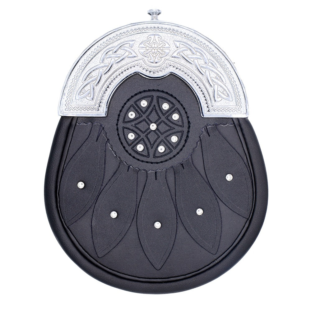 Chrome Cantle Black Leather Sporran with Celtic Studs