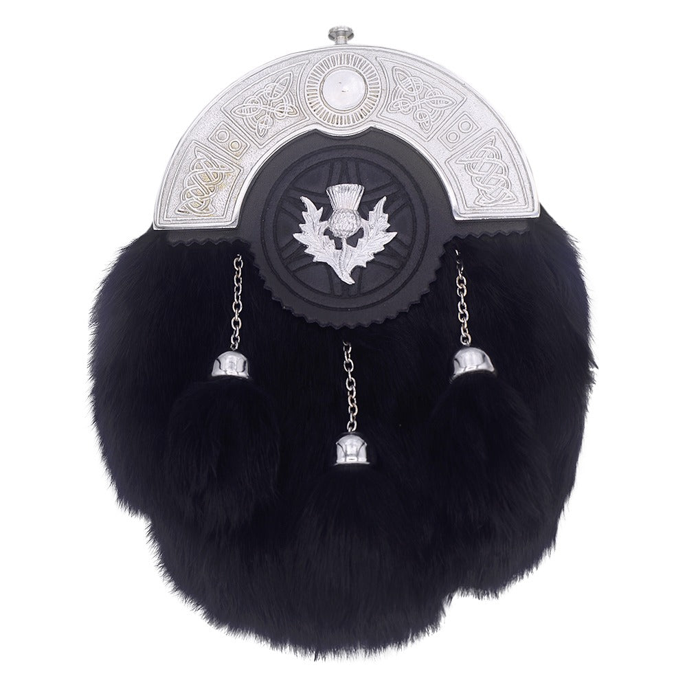 Chrome Cantle Black Rabbit Fur Sporran with Thistle Badge