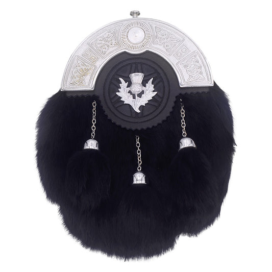 Chrome Cantle Black Rabbit Fur Sporran with Thistle Badge