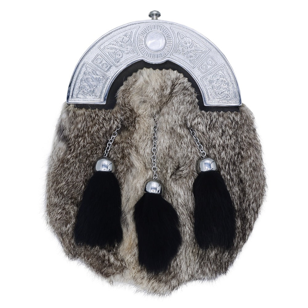 Chrome Cantle Grey Rabbit Fur Sporran with Black Tassels