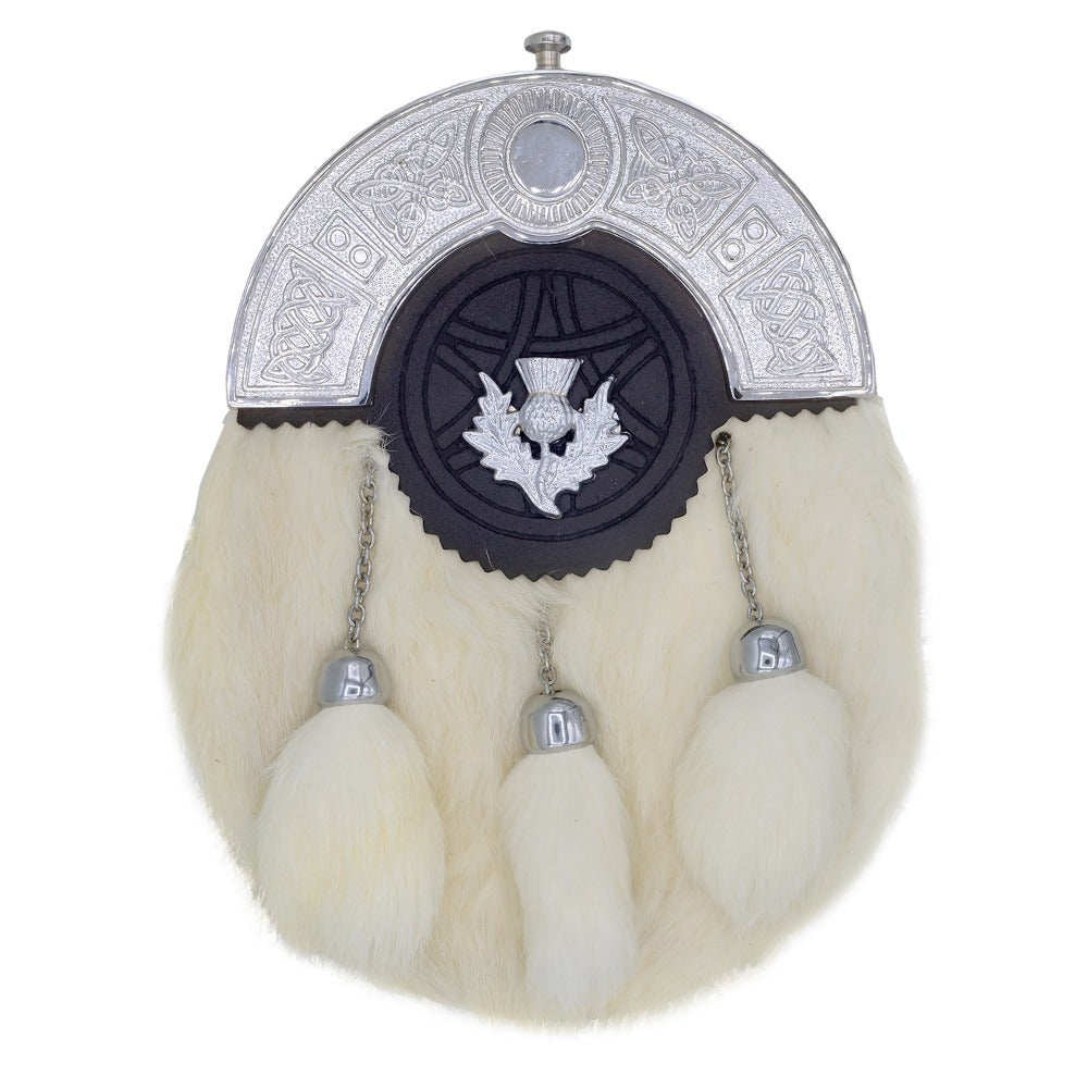 Chrome Cantle White Rabbit Fur Sporran with Thistle Badge