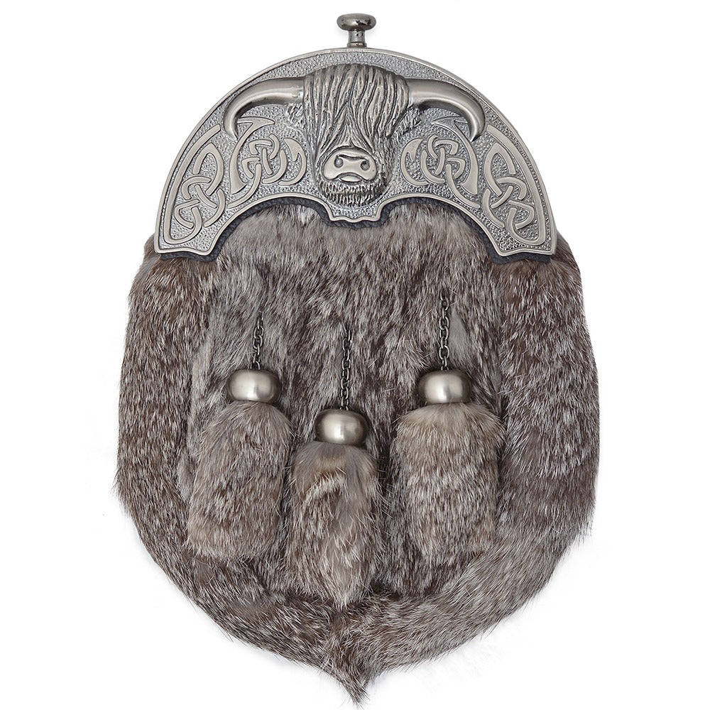 Chrome Head Triple Tassels Grey Rabbit Fur Sporran