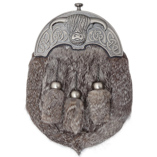 Chrome Head Triple Tassels Grey Rabbit Fur Sporran