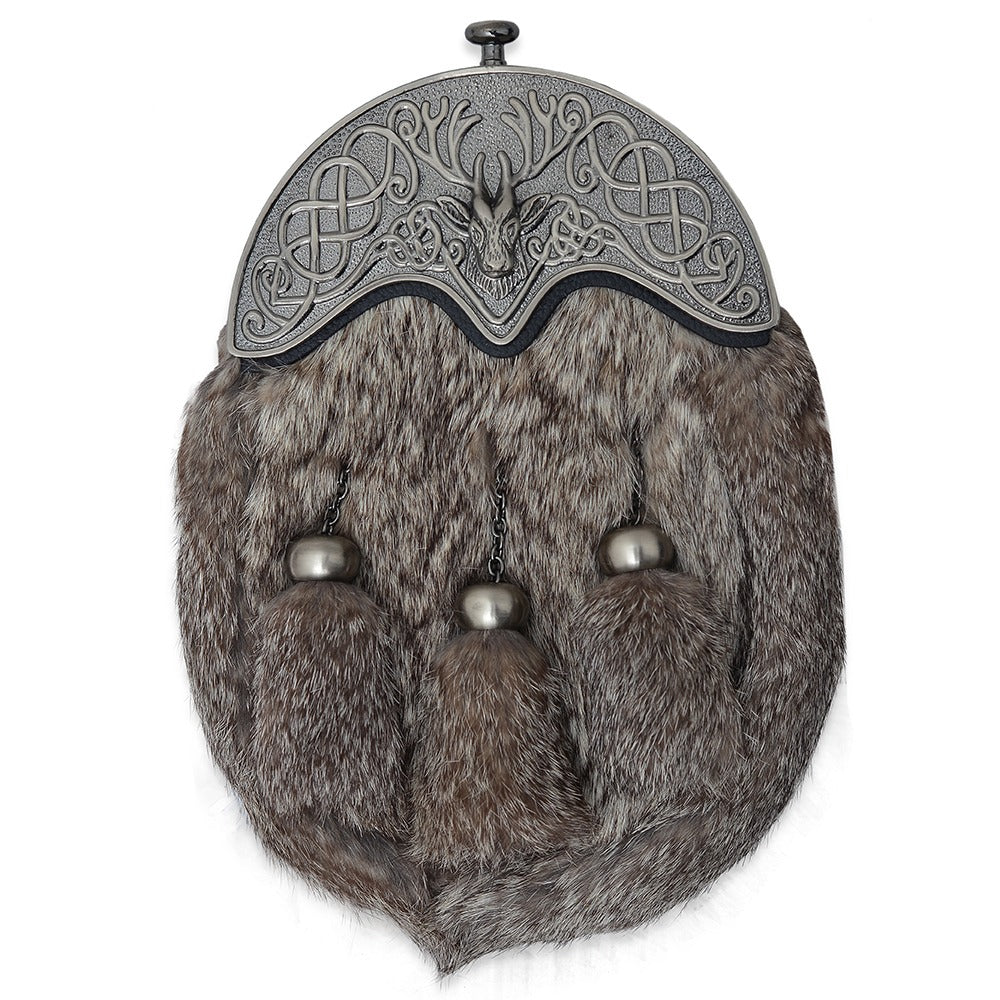 Full Dress Chrome Plated Stag Cantle Gray Rabbit Fur Sporran