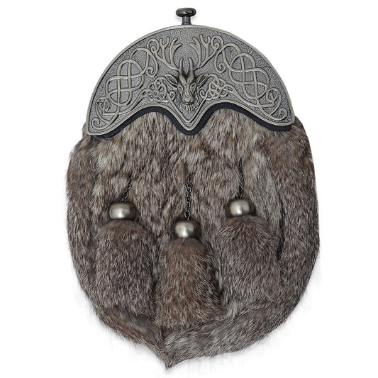 Full Dress Chrome Plated Stag Cantle Gray Rabbit Fur Sporran