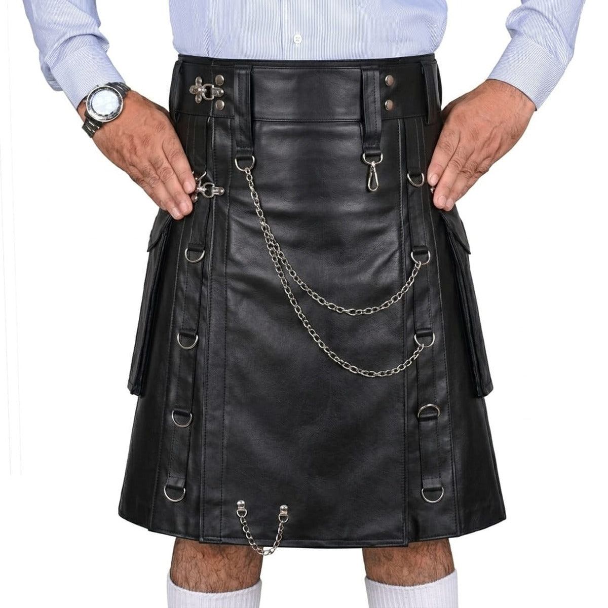 Gothic Black Leather Utility Kilt for Men