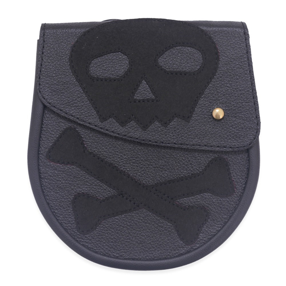 Gothic Black Cowhide Leather Sporran with Black Velvet Front