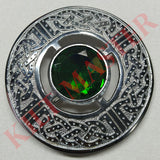 Green Stone Kilt Fly Plaid Brooch: Stylish Silver Accent
