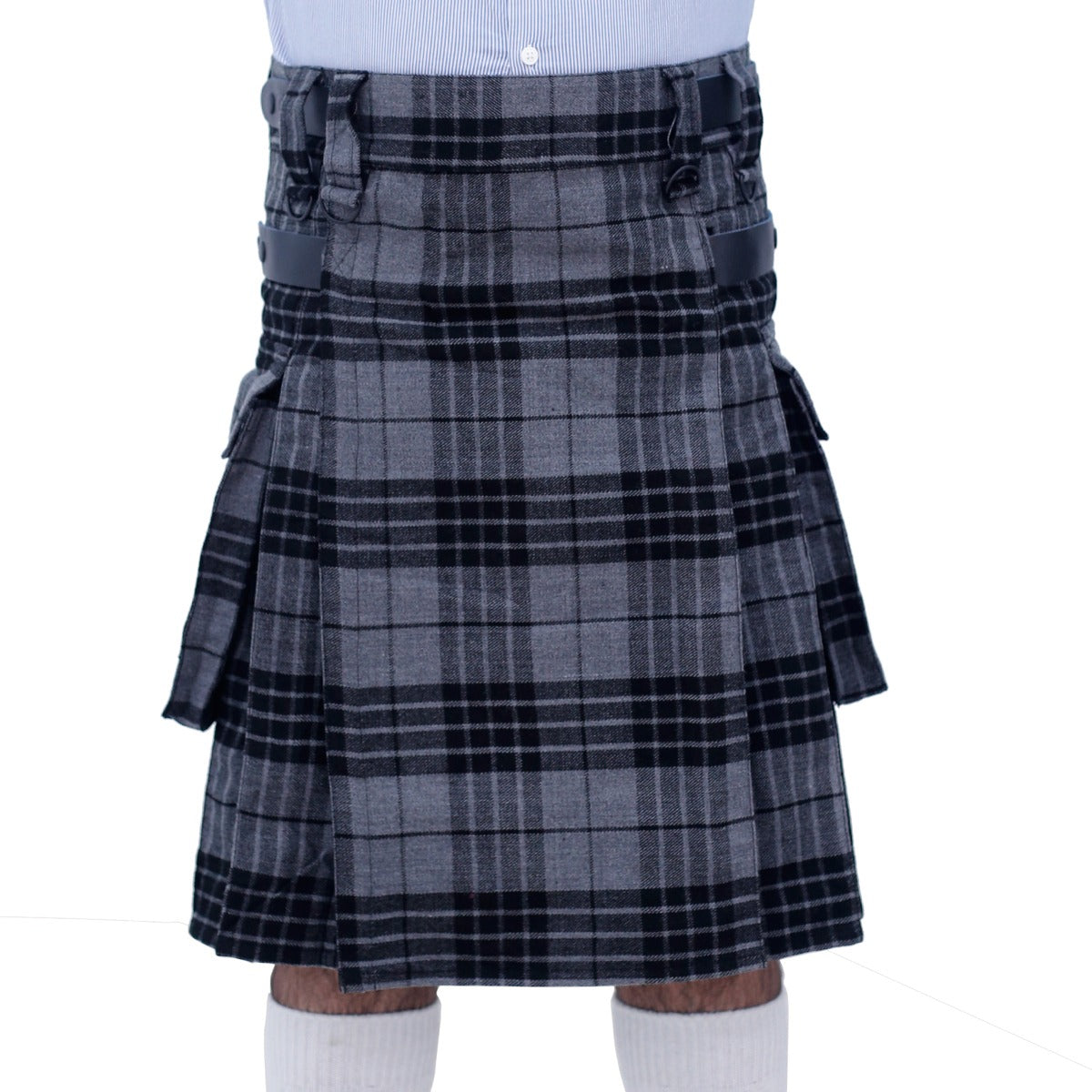 Grey Watch Tartan Utility Kilt with Leather Straps Front