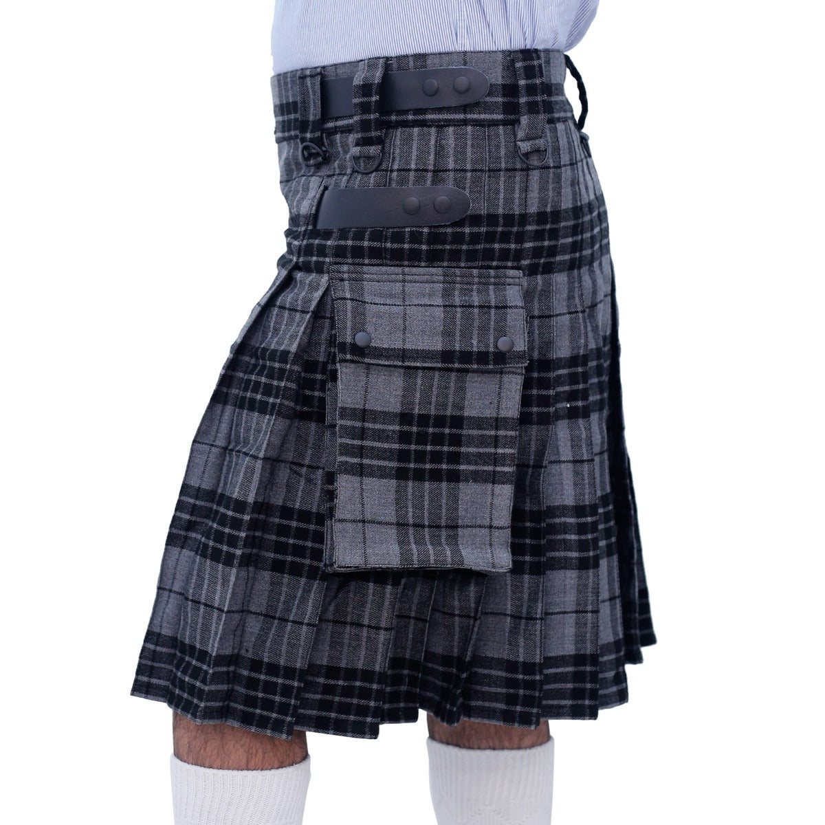 Grey Watch Tartan Utility Kilt with Leather Straps Left