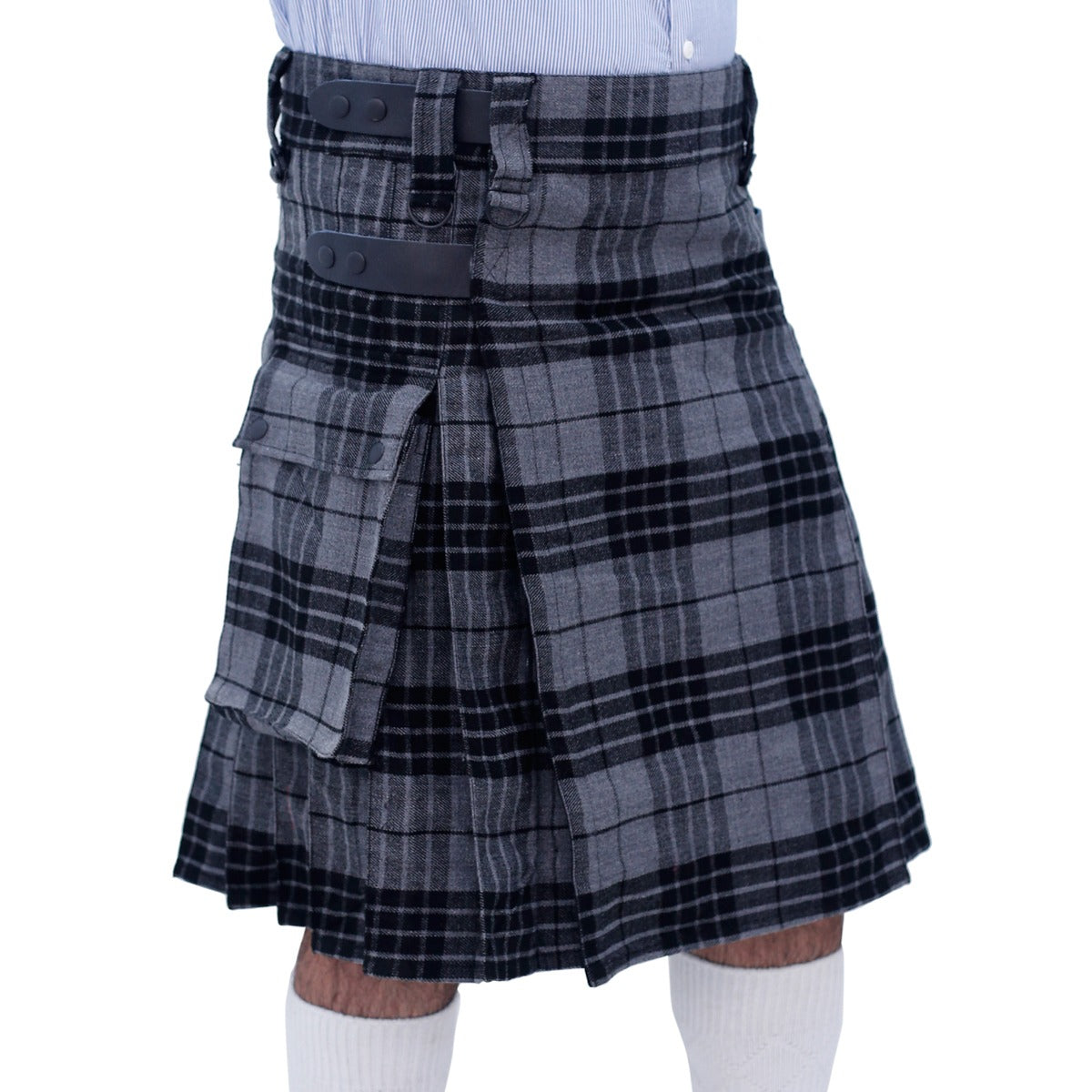 Grey Watch Tartan Utility Kilt with Leather Straps Right
