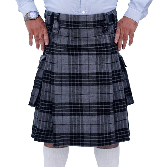 Grey Watch Tartan Utility Kilt with Leather Straps