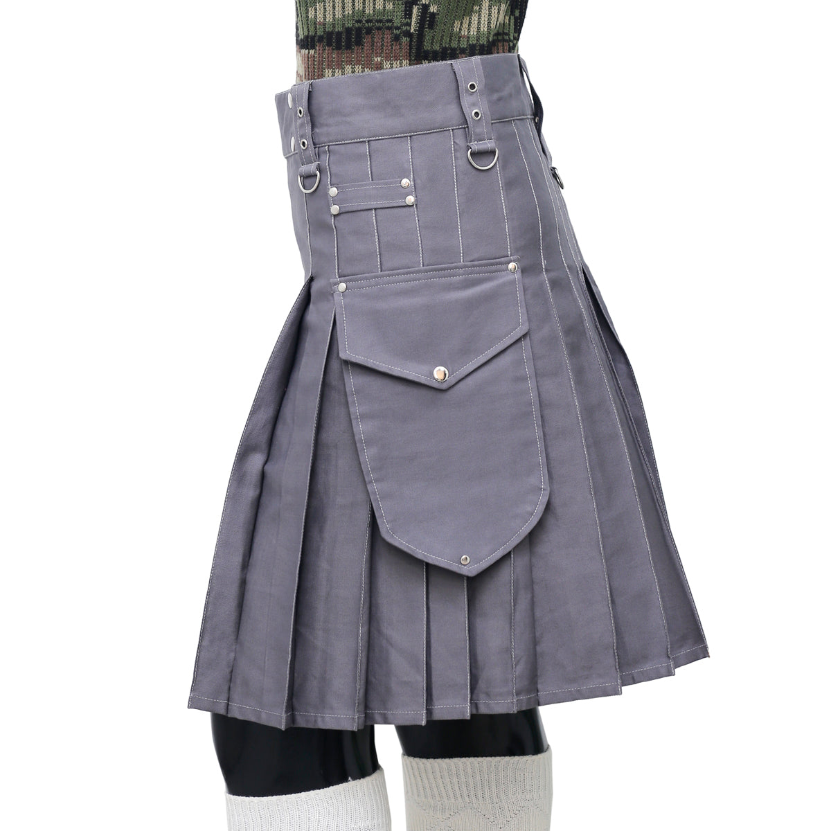 Grey Working Kilt with Round Pocket Left