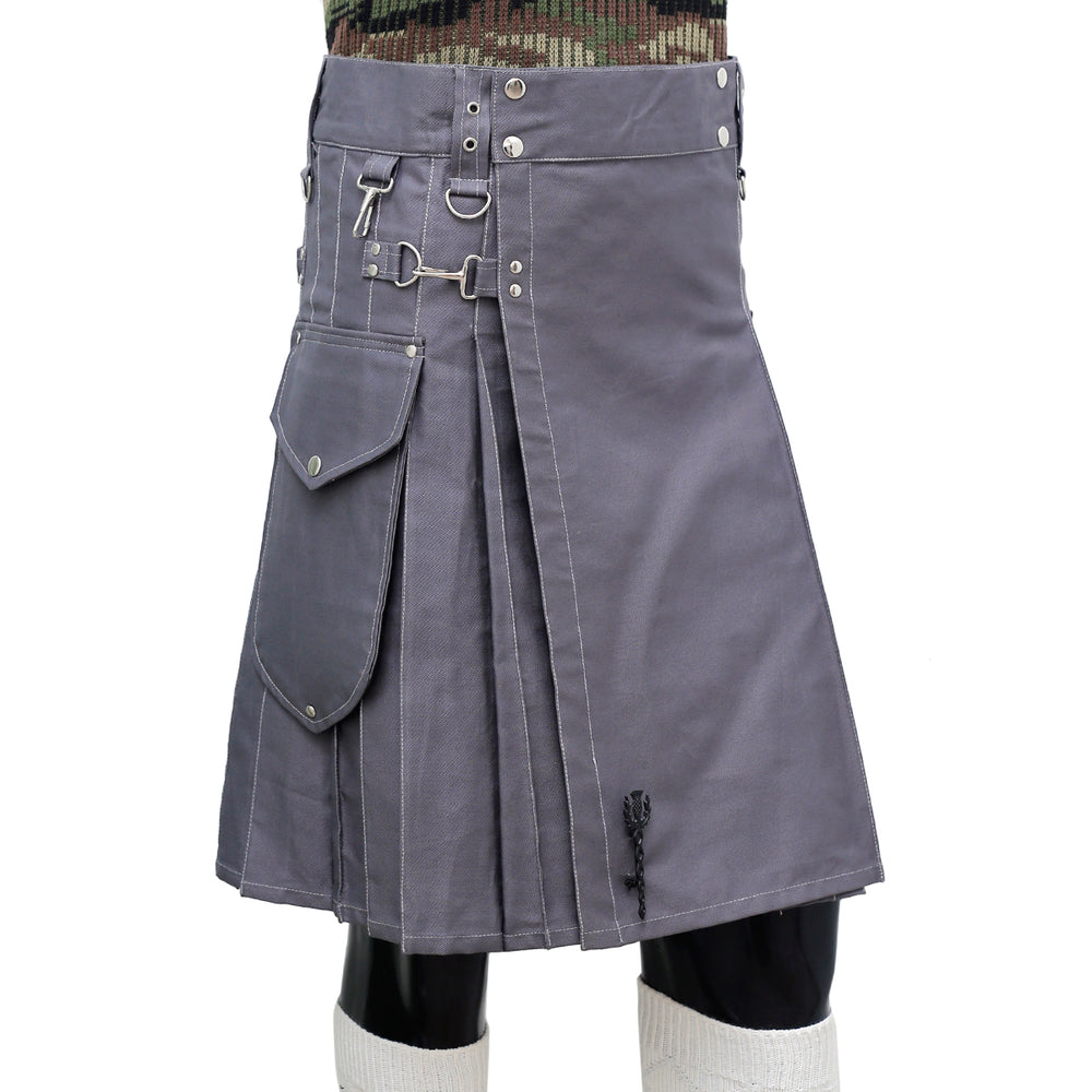 Grey Working Kilt with Round Pocket Right