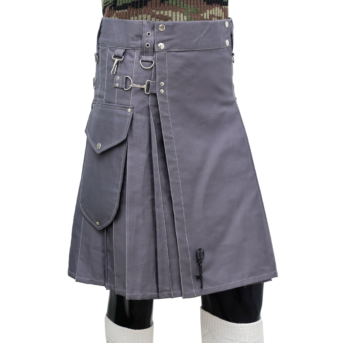Grey Working Kilt with Round Pocket Right