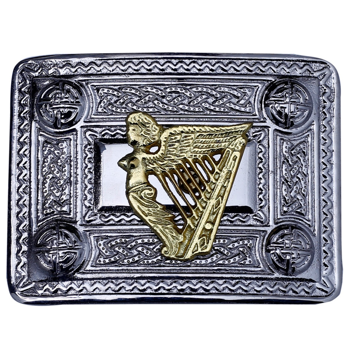 Lady Harp Kilt Belt Buckle Chrome with Golden Badge