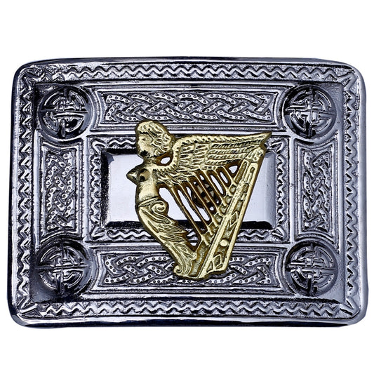 Lady Harp Kilt Belt Buckle Chrome with Golden Badge