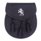 Lion rampant black leather sporran with 3 Tassels