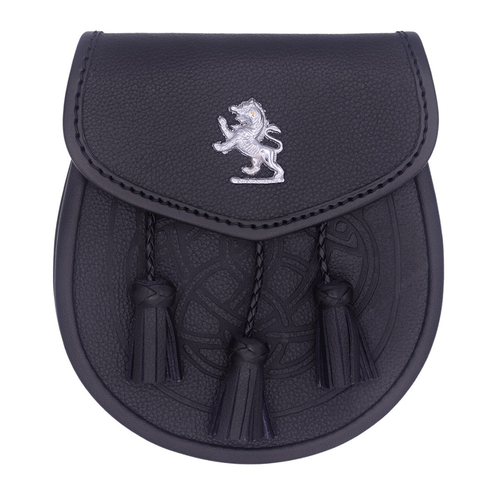 Lion rampant black leather sporran with 3 Tassels