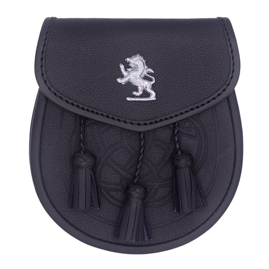 Lion rampant black leather sporran with 3 Tassels