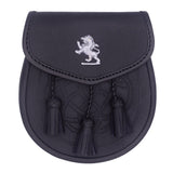 Lion rampant black leather sporran with 3 Tassels