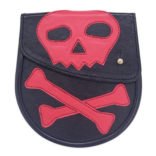 Mens Gothic  Chrome Black Leather Sporran with Skull and Bones