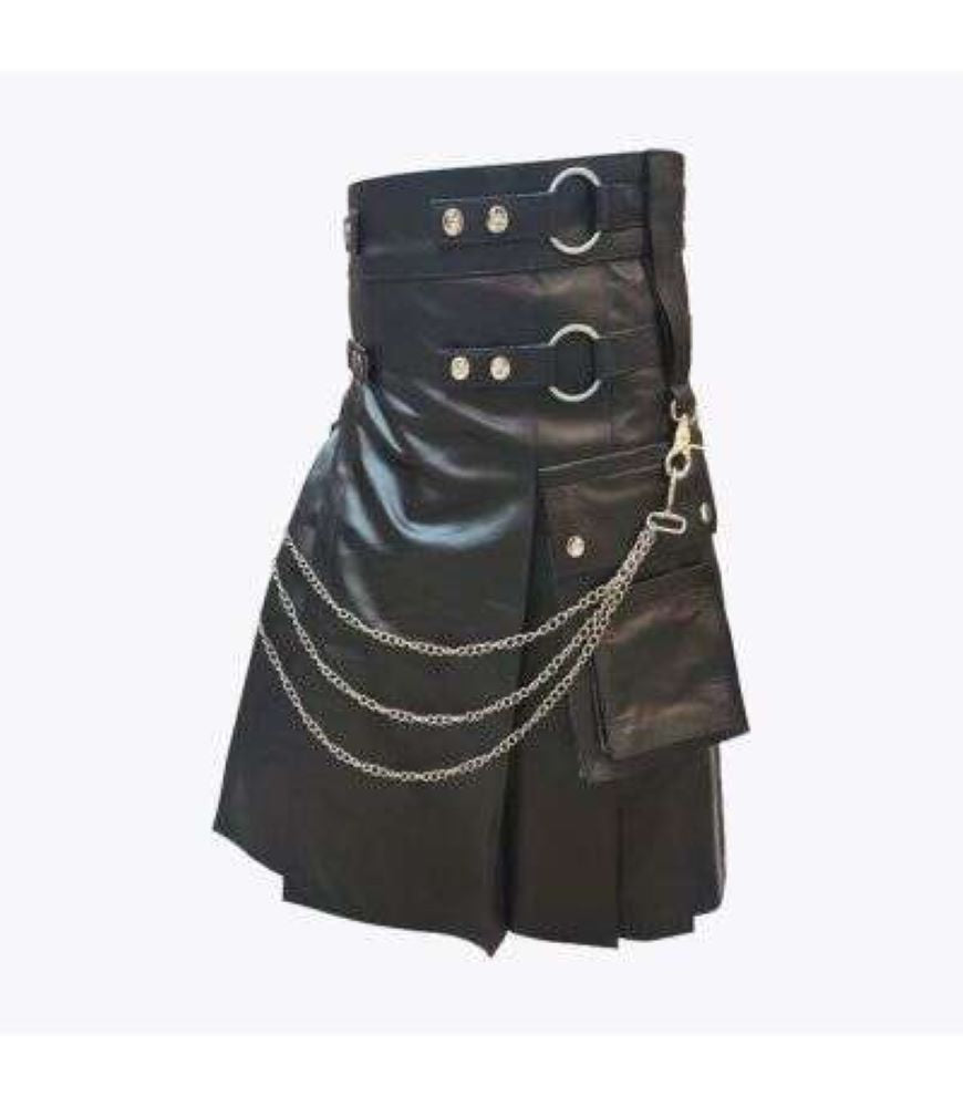 Modern  pure Black Leather Kilt