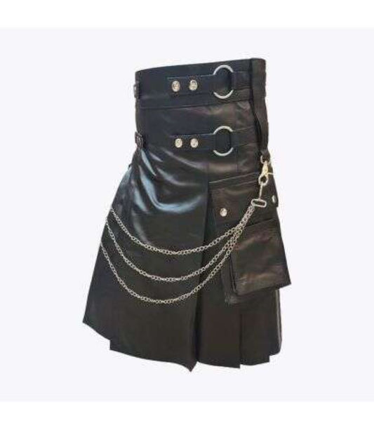 Modern  pure Black Leather Kilt