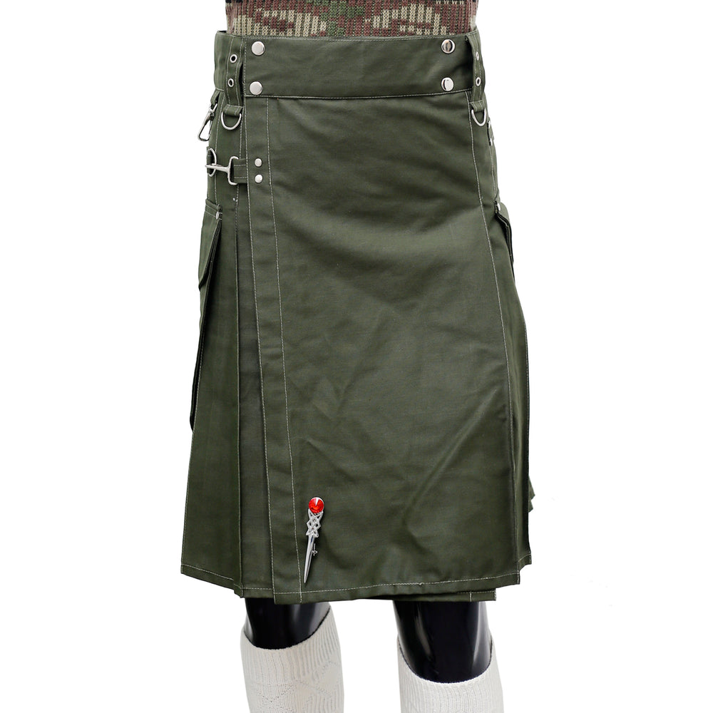 Olive Green Working Kilt with Round Pocket Front