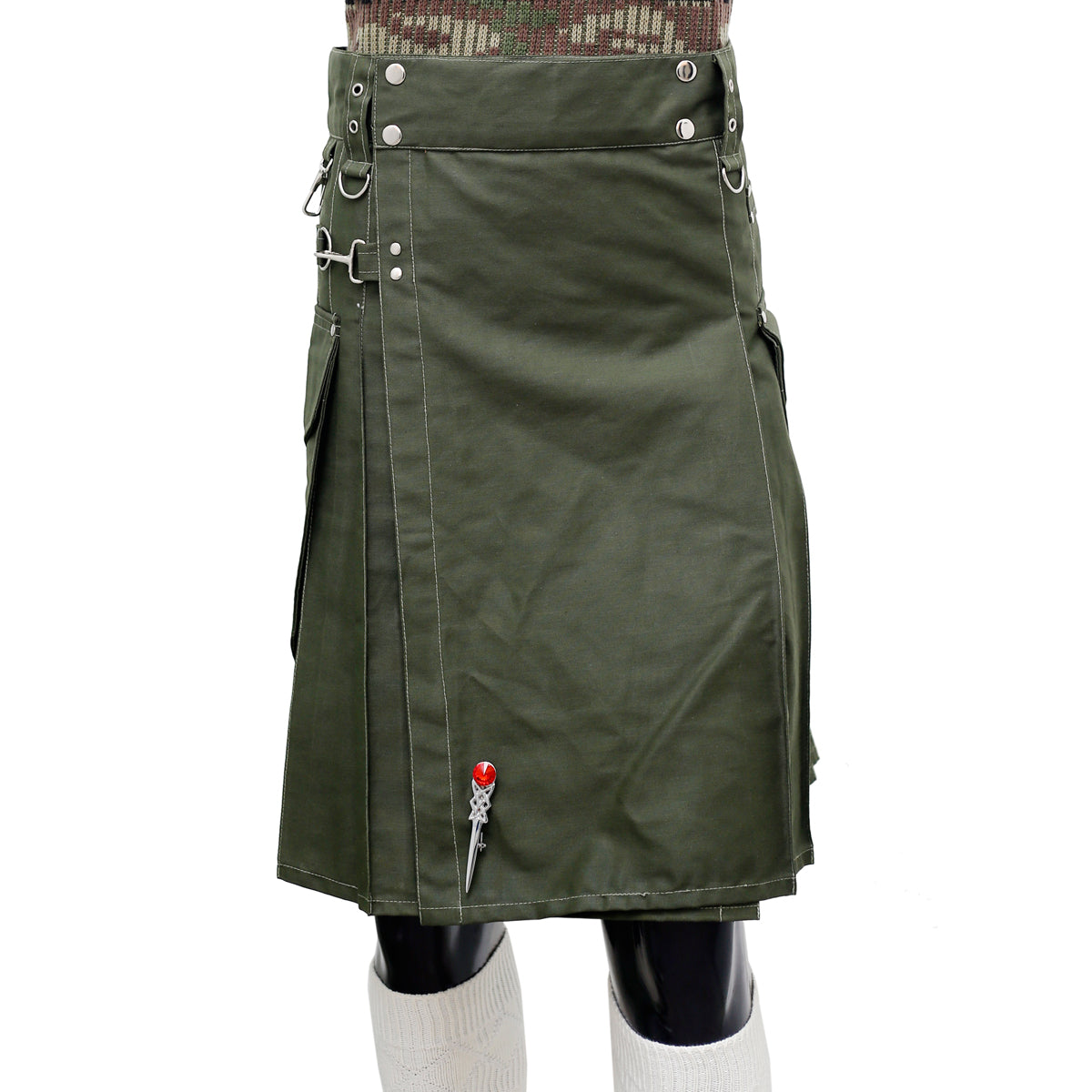 Olive Green Working Kilt with Round Pocket Front