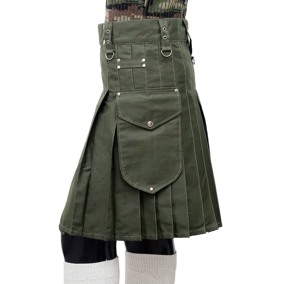 Olive Green Working Kilt with Round Pocket Left